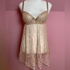 Cinema Etoile pink lace sequin babydoll slip dress lingerie